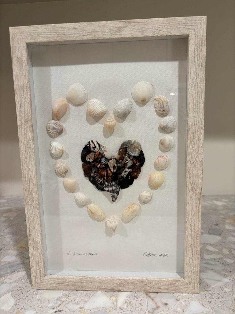 Seashell Heart Shadow Box ‘2 Sea Lovers’ - Neutral Coastal Wall Art 10”x15”